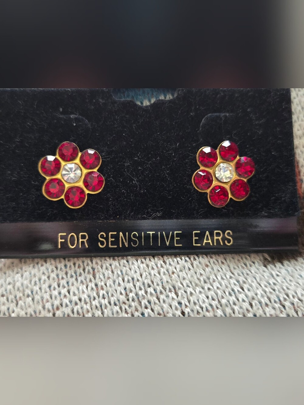Gold Red Flower With Center Clear Stone Earrings